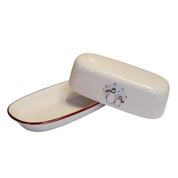 VTG 90s Royal Seasons Butter Dish‎ Holiday Snowmen Christmas 2 Pc Stoneware - Picture 2 of 7